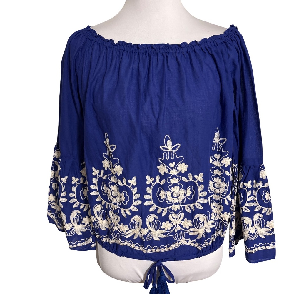 Brooklyn Cloth Royal Blue Off Shoulder Blouse White Embroidery